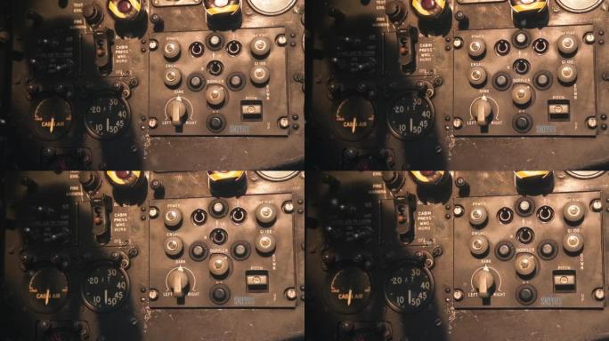 堪培拉轰炸机机舱内的开关和仪表。特写。