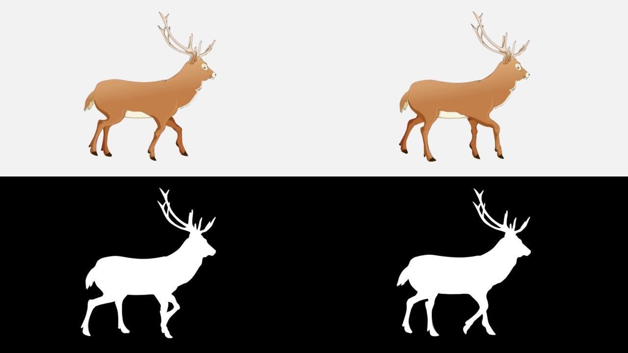 白色屏幕上的步行卡通鹿动画与阿尔法通道。动物，野生动物，游戏，返校，3d动画，电影，有机，色键，角色