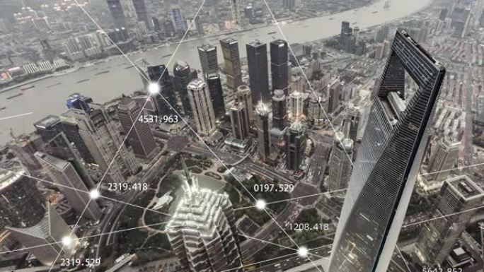 上海城市网络的T/L全景鸟瞰图，白天到黄昏过渡