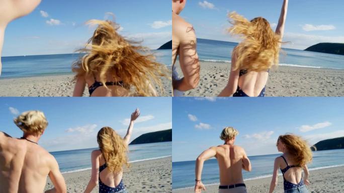 一对年轻夫妇准备在海滩上畅游的4k视频片段