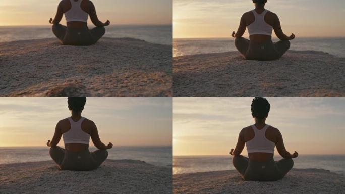 4k后视录像，一名年轻女子在海滩上练习深度冥想