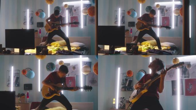 青少年在卧室弹吉他