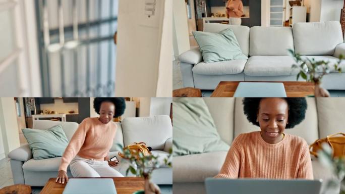 忙碌的工作一天后，黑人妇女，笔记本电脑或在室内客厅放松，使用电影流媒体应用程序，社交媒体或互联网博客