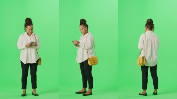 三个分割的绿屏背景: 美丽的黑人妇女站立，使用智能手机。休闲打扮成熟的女性服装使用手机。孤立的模板色