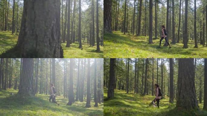 年轻的健身女子在森林徒步旅行时保持健康，呼吸新鲜空气