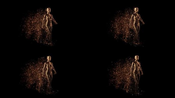 3D渲染女性人体的金色多边形全息图，在相机的黑色背景上行走。留下一丝金色的颗粒，我们从低角度看到她的