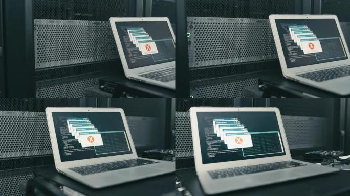 服务器机房笔记本电脑上错误的4k视频片段