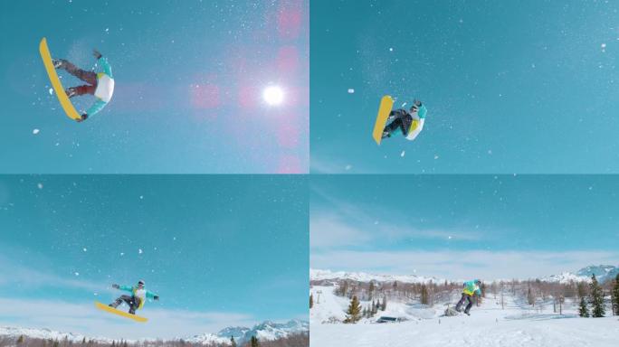 镜头耀斑: 运动男游客在空中飞行，同时进行360抓取。