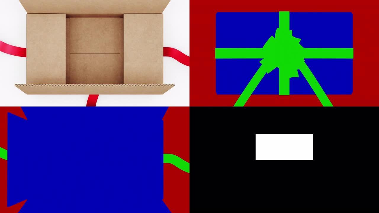 漂亮的纸板箱，带丝带和大蝴蝶结开口。开箱纸箱礼品盒3d动画与绿屏阿尔法和面具通道。解开装饰结。