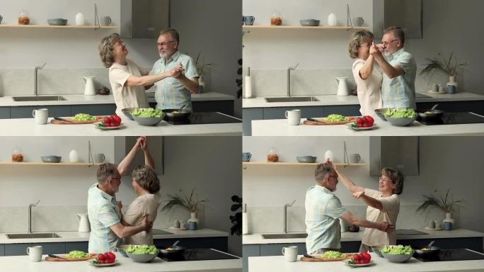 浪漫的成年家庭情侣在厨房跳探戈华尔兹