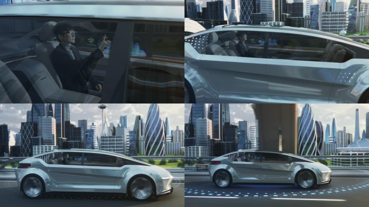 未来主义概念: 日本商人坐在带有VFX的自动驾驶汽车的后座上，在交互式增强现实3D导航应用程序上检查