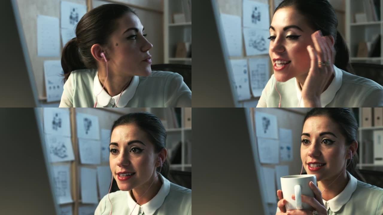 一名年轻女商人在计算机上进行视频通话时的4k视频录像