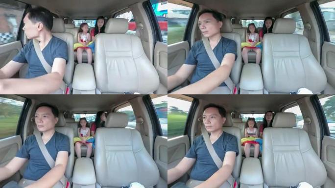 亚洲家庭在汽车旅行周末夏天