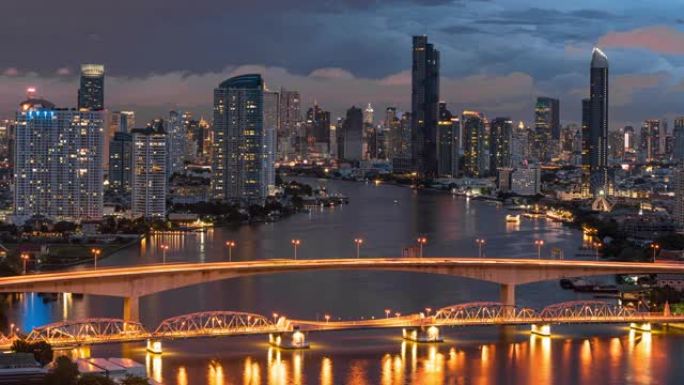 曼谷城市景观的时间流逝，夜间有各种建筑摩天大楼和桥梁