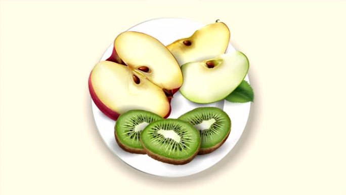 将苹果和猕猴桃切成薄片，放在白色盘子上。