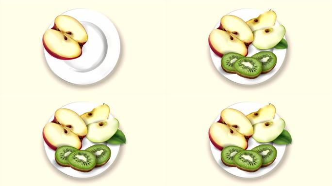 将苹果和猕猴桃切成薄片，放在白色盘子上。