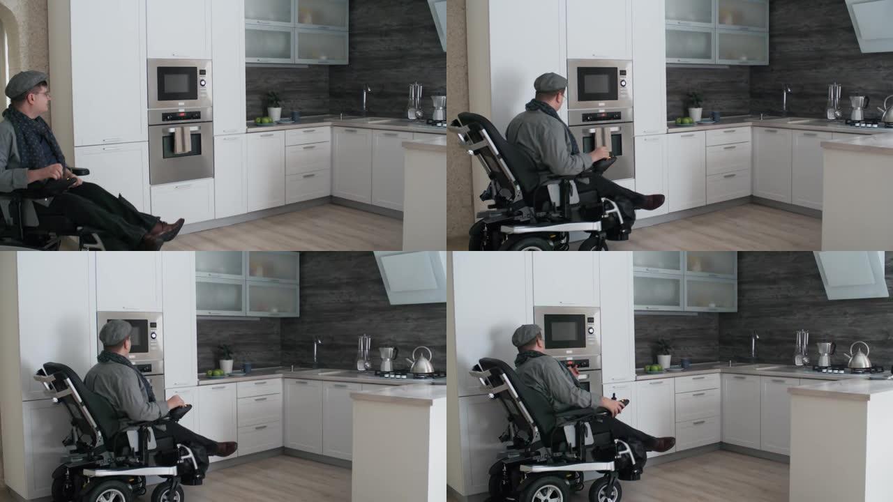 坐在轮椅上的男人在厨房