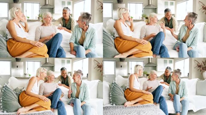 资深女性、朋友和放松在聊天、退休或一起在家里的客厅沙发上社交。快乐的女人在沙发上享受优质的空闲时间、