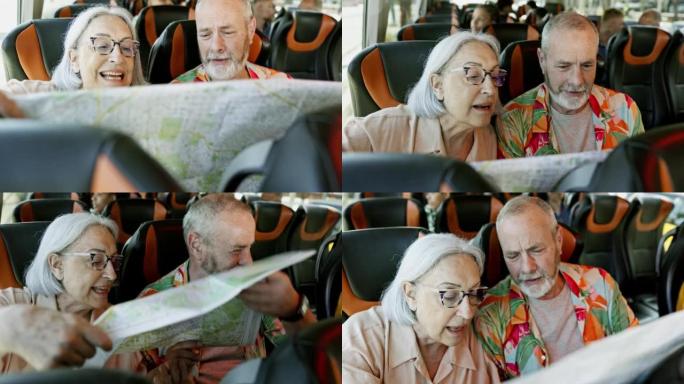 高级夫妇乘坐包车时看着地图