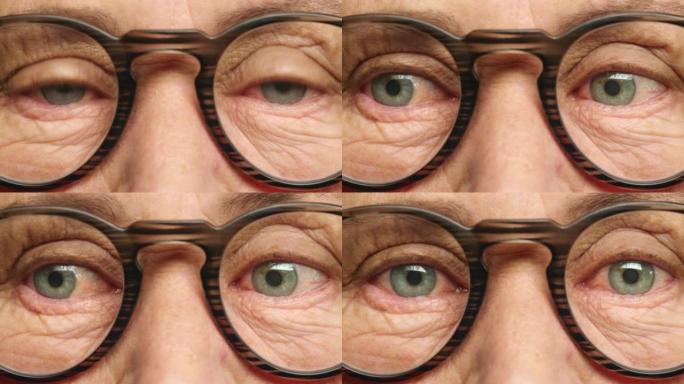 高级女性的脸，眼镜和眼睛视力，环顾四周，重点护理眼睛。老年奶奶的变焦宏观肖像，退休和医疗眼保健框架，