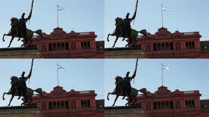 在阿根廷布宜诺斯艾利斯的梅奥广场，粉红色的房子和贝尔格拉诺将军的铜像。4K分辨率。
