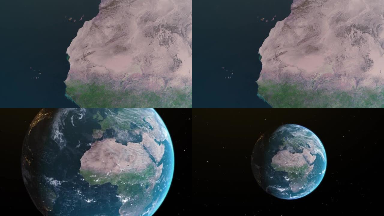 毛里塔尼亚地图，通过一个4K照片真实动画地球球向太空放大，包括非洲、西亚和欧洲的全景。史诗旋转世界动