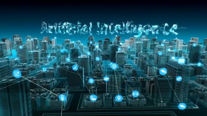 智能城市上的各种智能传感器图标，连接 “人工智能” 物联网技术。蓝色x射线鸟瞰图。4k动画。