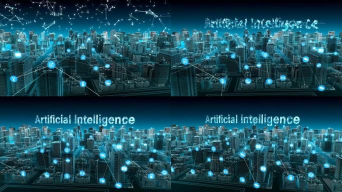 智能城市上的各种智能传感器图标，连接 “人工智能” 物联网技术。蓝色x射线鸟瞰图。4k动画。