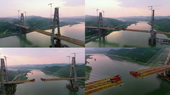 修建中的大桥，铁索，钢索，河流上的桥4K