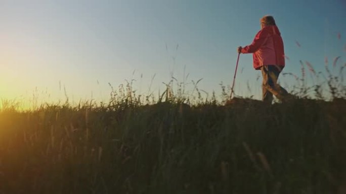 WS活跃的高级妇女在乡村徒步旅行