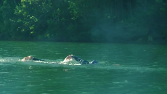 男子在湖中游泳海水男子锻炼
