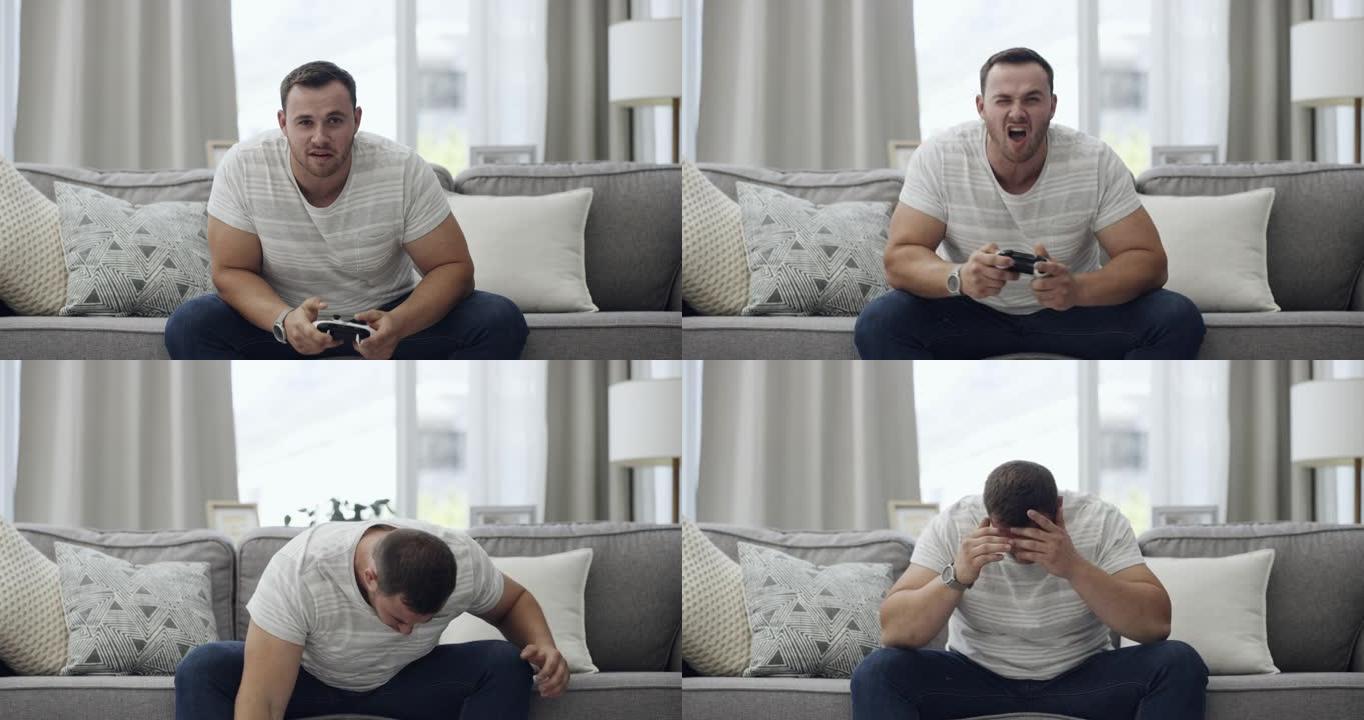 4k视频片段，一名男子在家中玩电子游戏时感到沮丧