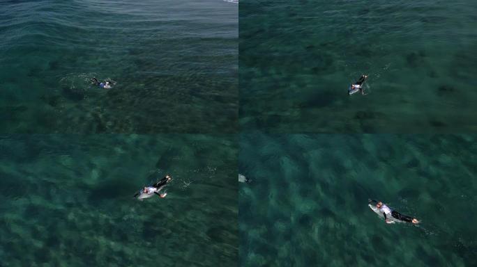 空中: 冲浪者在清澈的水中划水