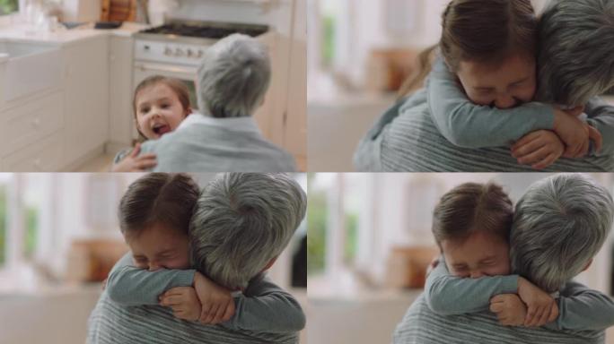 快乐的小女孩拥抱祖母微笑拥抱孙女爱奶奶享受亲情家庭概念4k镜头
