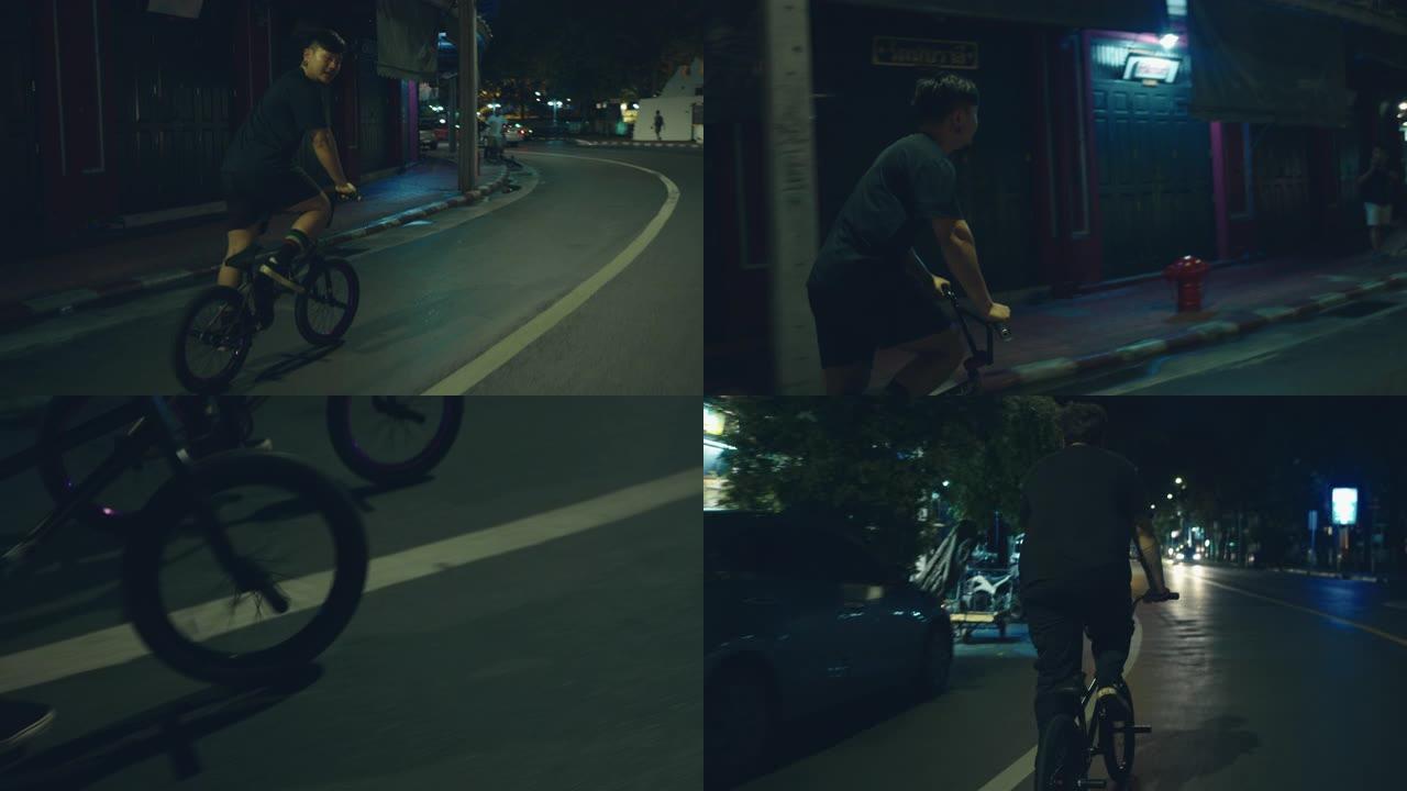 青少年BMX骑手在曼谷市骑自行车。