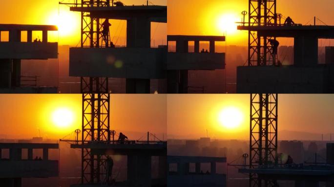 摩天大楼建筑工地日落时的鸟瞰图