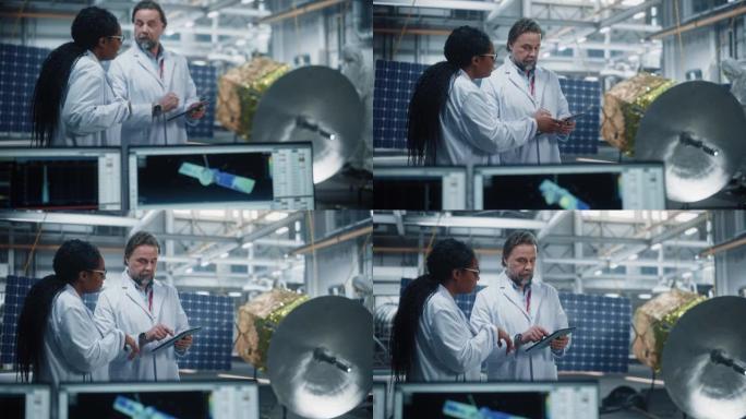两位工程师交谈，在进行卫星建设时使用平板电脑。航空航天局制造设施: 科学家为太空探索任务建造，组装航
