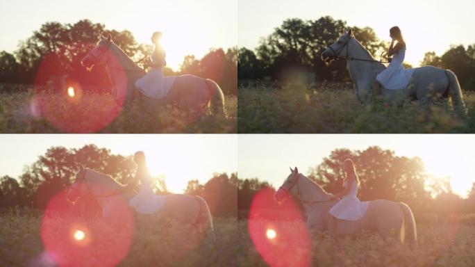 镜头耀斑: 金色日落时，华丽的年轻黑发女子骑马。