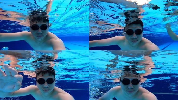 个人视角自拍亚洲中国男游泳运动员游泳穿越游泳池