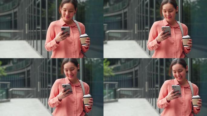 工作日的新开始女人玩手机走路看手机刷微博