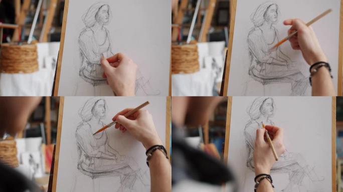 在艺术学校上课期间，男人的手素描女人的肖像特写