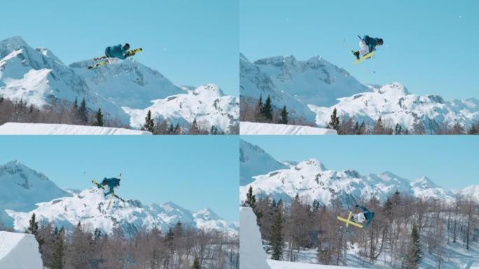 慢动作: 男性自由式滑雪者在积雪覆盖的山顶上飞行