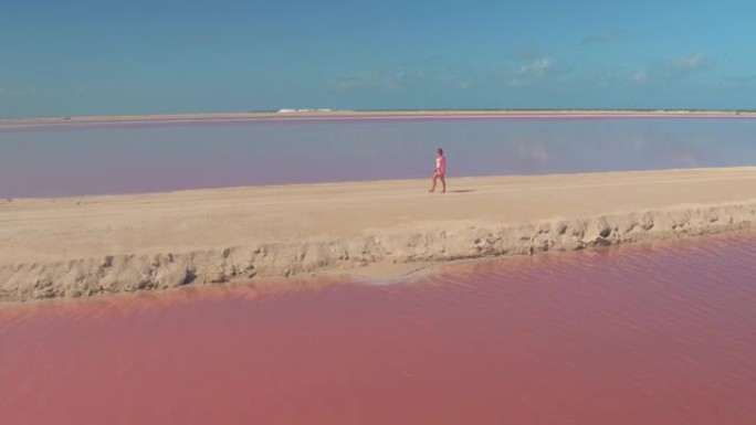 空中: 无忧无虑的女人在探索粉红色的盐场时伸出双臂。