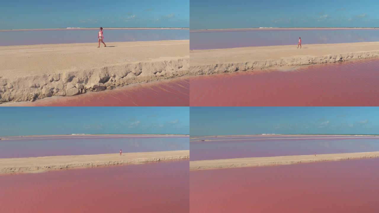 空中: 无忧无虑的女人在探索粉红色的盐场时伸出双臂。