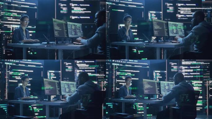 肖像两个在计算机上工作的不同开发人员，键入围绕它们的大屏幕上出现的代码行。男女程序员一起创建创新软件