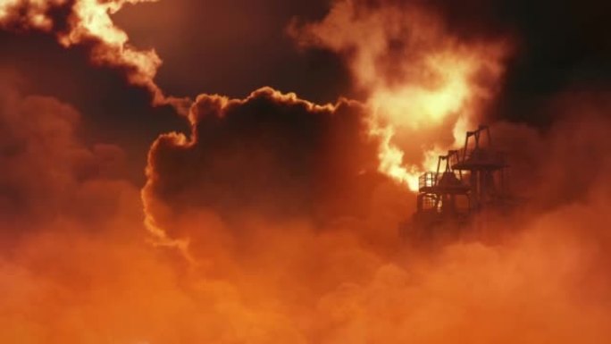 戏剧性的云层和烟雾中的炼油厂塔
