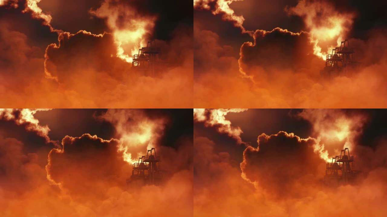 戏剧性的云层和烟雾中的炼油厂塔