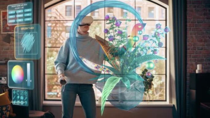 现代艺术家使用虚拟现实设计软件在阁楼客厅中创建3D艺术品: 设计时尚的室内植物艺术品。使用VR耳机和
