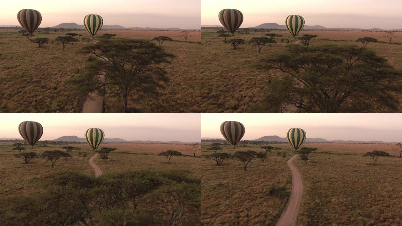 无人机: 两个热气球飞过穿越塞伦盖蒂公园的一条土路上。