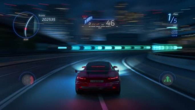 具有界面的赛车模拟器视频游戏的游戏。计算机生成的3D汽车在现代城市的夜晚高速行驶和漂移。VFX动画。